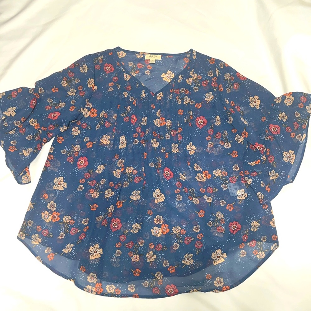 Style & Co Sheer Floral Top with Bell Ruffled Sleeves.